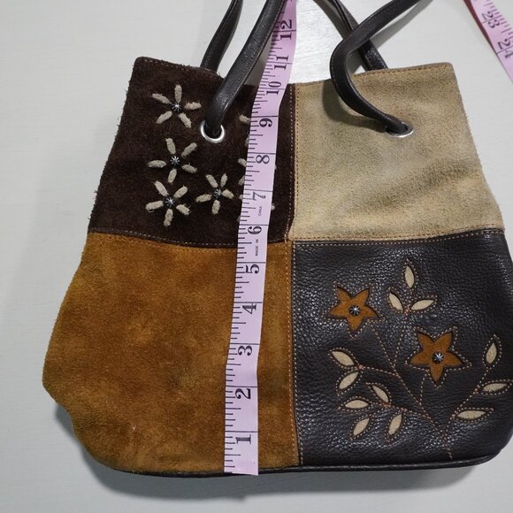Suede / leather color block front side purse long shoulder straps - Picture 5 of 8